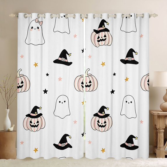 Homewish Halloween Pastel Striped Pumpkin Kitchen Curtains for Girls, Bow Ghost Witch Hat Black Out Curtains Pack of 2 (42x63 Each), Pink White Gold