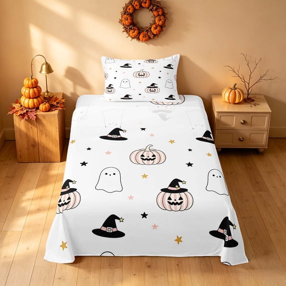 Homewish Halloween Pastel Striped Pumpkin Twin Sheets for Girls, Bow Ghost Witch Hat Bedding, Pink White Gold, 3-Piece (1 Flat Sheet, 1 Fitted Sheet and 1 Pillowcase)