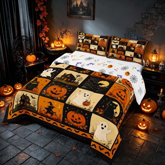 Homewish Halloween Patchwork Queen Comforter Set, Retro Ghost Cat Witch House Comforter Sets Queen, Orange Black Cream, Pumpkin Bat Reversible, 3pcs 1 Comforter and 2 Pillowcases