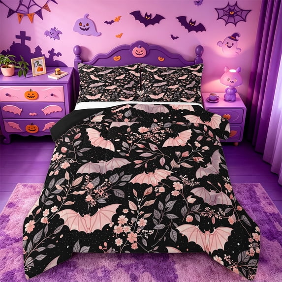 Homewish Halloween Pink Bat Full Size Comforter Sets,Floral Vine Print Bedding Comforter Set,Black Blush,Black Reversible,3 Pieces,1 Comforter and 2 Pillowcases