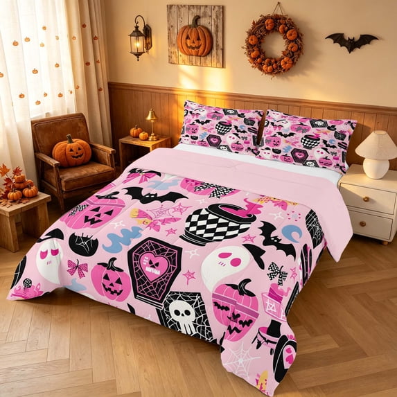 Homewish Halloween Pink Pumpkin Queen Comforter Set for Girls, Bow Ghost Bat Skull Comforter Sets Queen, Pink Black, Pink Reversible, 3 Pieces 1 Comforter and 2 Pillowcases