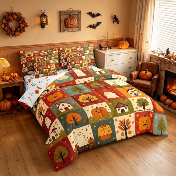 Homewish Halloween Plaid Full Size Bedding Sets, Cute Pumpkin Ghost Full Size Bed in a Bag, Red Olive Cream, Pumpkin Bat Reversible 7 Pieces