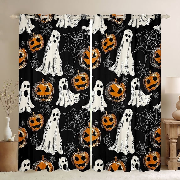 Homewish Halloween Pumpkin Blackout Curtains Set of 2 (52x84 Each), Grunge Ghost Web Curtain, Black Orange White
