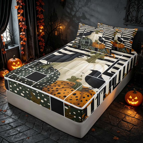Homewish Halloween Pumpkin Crow Zipper Queen Comforter Set with Fitted Sheet and 2 Pillowcases, Geometric Stripe Zipper Bedding Set, Black Cream Olive Orange, Black Reversible