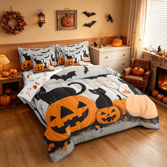 Homewish Halloween Pumpkin Full Size Bedding Sets, Black Cat Bat Full Size Bed in a Bag, Orange Grey, Pumpkin Bat Reversible 7 Pieces