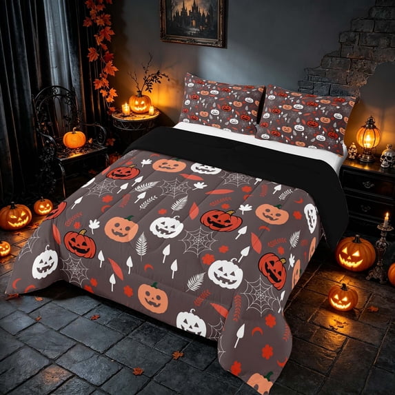 Homewish Halloween Pumpkin Full Size Comforter Sets, Autumn Leaf Bedding Comforter Set, Dark Brown Red, Black Reversible, 3pcs 1 Comforter and 2 Pillowcases