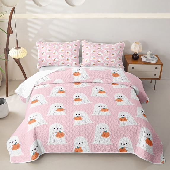 Homewish Halloween Pumpkin Ghost Bed Spread Queen for Women, Coquette Spooky Queen Coverlet Set, 3-Piece