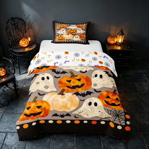 Homewish Halloween Pumpkin Ghost Twin Duvet Cover, Bat Spider Web Twin Bedding, Gray Orange White, Pumpkin Bat Reversible 2 Pieces, 1 Duvet Cover and 1 Pillowcase