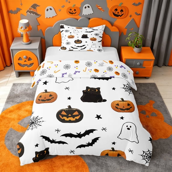 Homewish Halloween Pumpkin Ghost Twin Duvet Cover,Happy Bat Pattern Twin Bedding,White Orange Black,Halloween Reversible,2-Piece,1 Duvet Cover and 1 Pillowcase