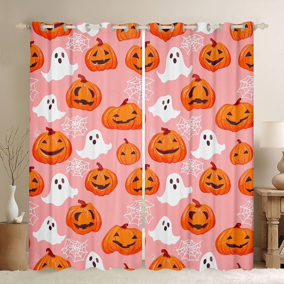 Homewish Halloween Pumpkin Kitchen Curtains for Girls, Ghost Web Black Out Curtains Pack of 2 (42x63 Each), Pink Orange White