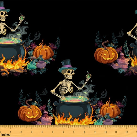 Homewish Halloween Pumpkin Lantern Fabric by the Yard 1 Yard,Spooky Halloween Skeleton Home Decor Fabric by the Yard,Orange Black Beige Sewing Fabric For Child,Breathable Home Decor