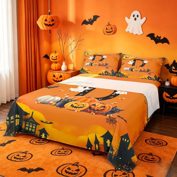 Homewish Halloween Pumpkin Lantern Print Twin Sheets,3D Initial Letter D Bedding,3pcs,1 Fitted Sheet and 1 Pillowcase