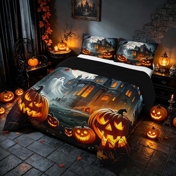 Homewish Halloween Pumpkin Queen Comforter Set, Owl Ghost Castle Comforter Sets Queen, Dark Grey Orange, Black Reversible, 3-Piece 1 Comforter and 2 Pillowcases