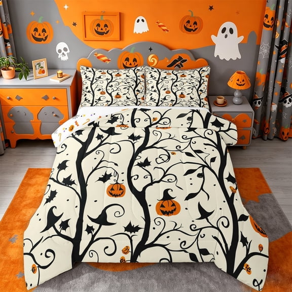 Homewish Halloween Pumpkin Queen Comforter Set,Witch Hat Twig Bat Pattern Comforter Sets Queen,Halloween Reversible,3pcs,1 Comforter and 2 Pillowcases