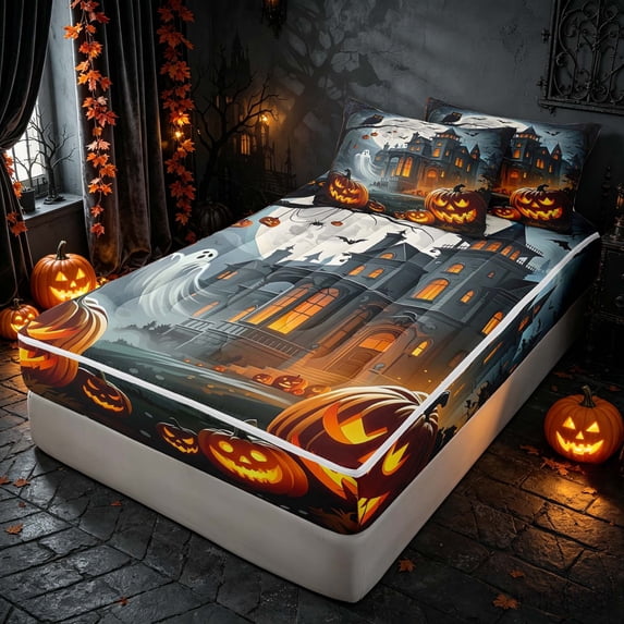 Homewish Halloween Pumpkin Zipper Queen Comforter Set with Fitted Sheet and 2 Pillowcases, Owl Ghost Castle Zipper Bedding Set, Dark Grey Orange, Black Reversible