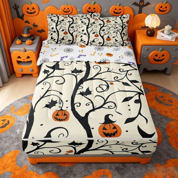 Homewish Halloween Pumpkin Zipper Queen Comforter Set with Fitted Sheet and 2 Pillowcases,Witch Hat Twig Bat Pattern Zipper Bedding Set,Halloween Reversible,4pcs