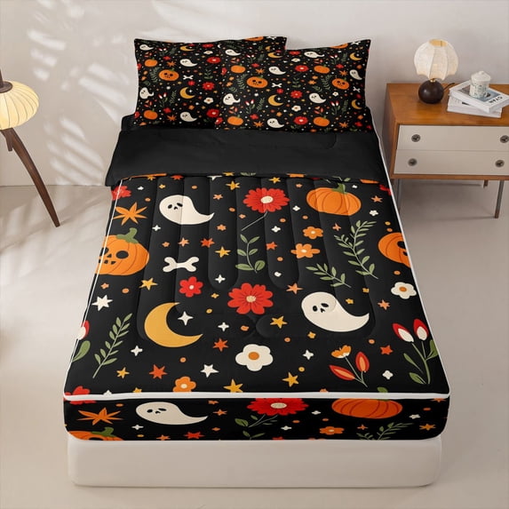 Homewish Halloween Pumpkins Zipper Twin Comforter Sets with Fitted Sheet and 2 Pillowcases For Boys Girls,Cute Ghosts Zipper Bedding Set,Orange,Black Reversible,4pcs