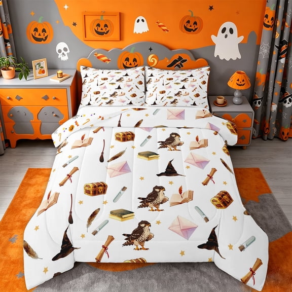 Homewish Halloween Queen Comforter Set,Owl Magic Book Pattern Comforter Sets Queen,Halloween Reversible,3-Piece,1 Comforter and 2 Pillowcases