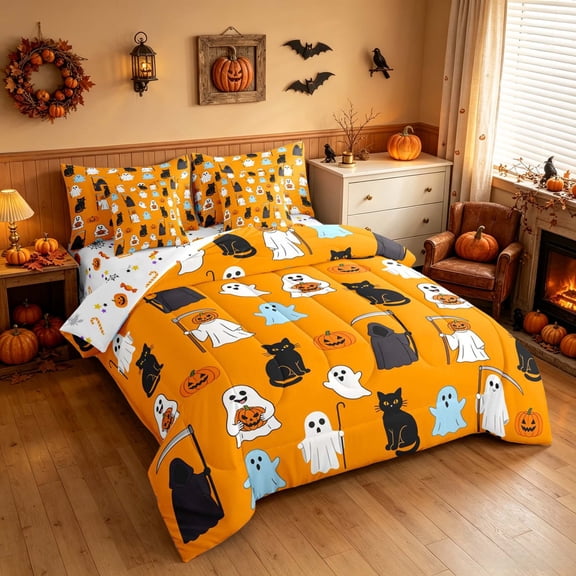 Homewish Halloween Reaper Ghost Full Size Bedding Sets, Cartoon Black Cat Pumpkin Full Size Bed in a Bag, Orange White Black Blue, Pumpkin Bat Reversible 7 Pieces