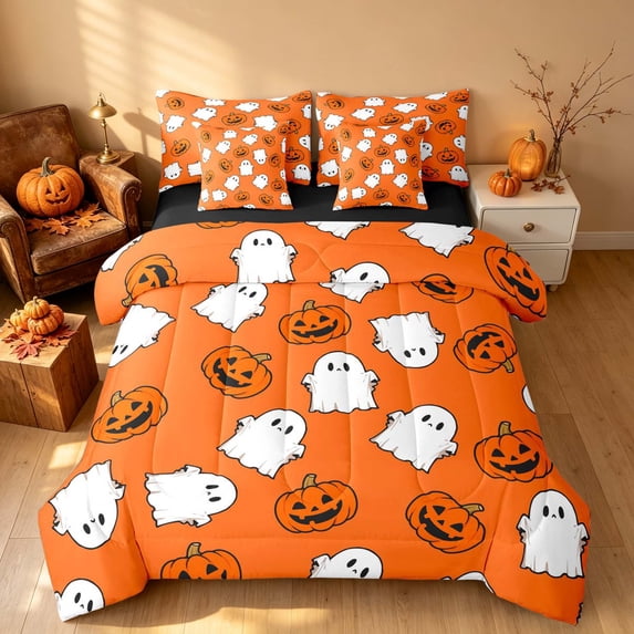 Homewish Halloween Retro Black Cat Queen Bedding, Witch Hat Pumpkin Bedding Comforter Set Queen, Beige Orange, Black Reversible 7-Piece