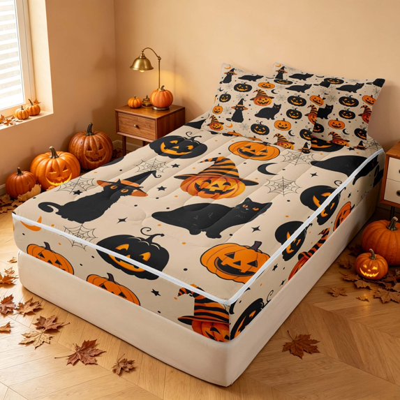 Homewish Halloween Retro Black Cat Zipper Twin Comforter Sets with Fitted Sheet and 2 Pillowcases, Witch Hat Pumpkin Zipper Bedding Set, Beige Orange, Black Reversible