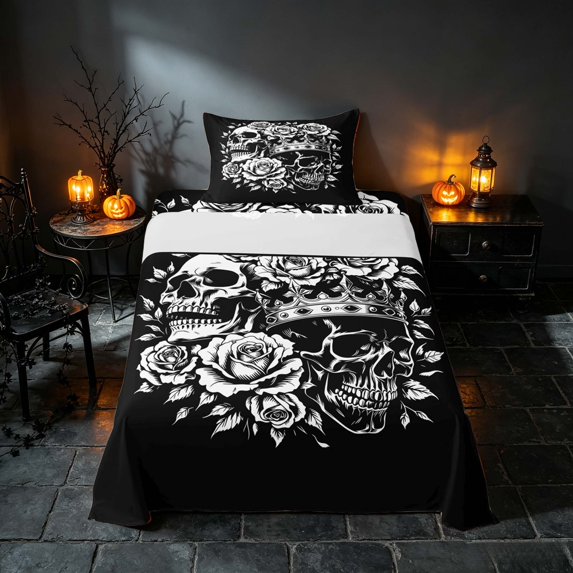 Homewish Halloween Royal Skull Twin Sheets, Grunge Gothic Wreath Bedding, Black White, 3-Piece (1 Flat Sheet, 1 Fitted Sheet and 1 Pillowcase)