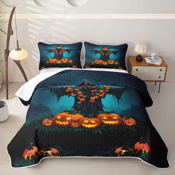 Homewish Halloween Scarecrow Pumpkin Bed Spread Queen, Bat Maple Leaf Queen Coverlet Set, Teal Dark Blue Orange, 3pcs 1 Bedspread and 2 Pillowcases