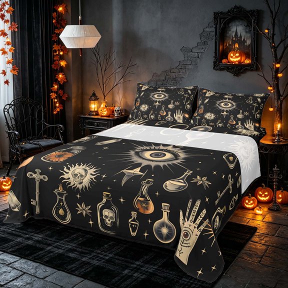 Homewish Halloween All Seeing Eye Bed Sheets, Witchy Crystal Full Size Sheets, Black Cream Tan, 4 Pieces (1 Flat Sheet, 1 Fitted Sheet and 2 Pillowcases)