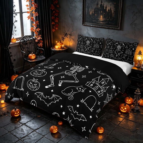 Homewish Halloween Skeleton Bedding, Black Cat Castle Owl Duvet Cover Full, Black White Orange, Black Reversible 3-Piece, 1 Duvet Cover and 2 Pillowcases