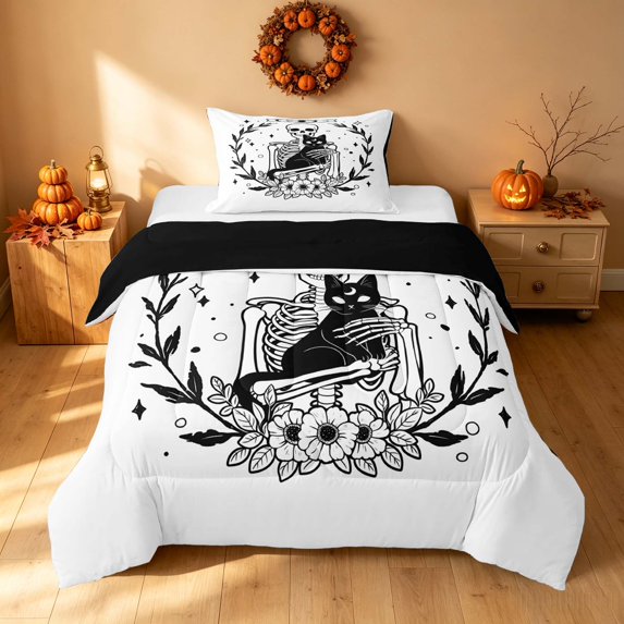 Homewish Halloween Skeleton Twin Comforter Sets, Lunar Phase Floral Bedding Set, Black White, Black Reversible, 2 Pieces 1 Comforter and 1 Pillowcase