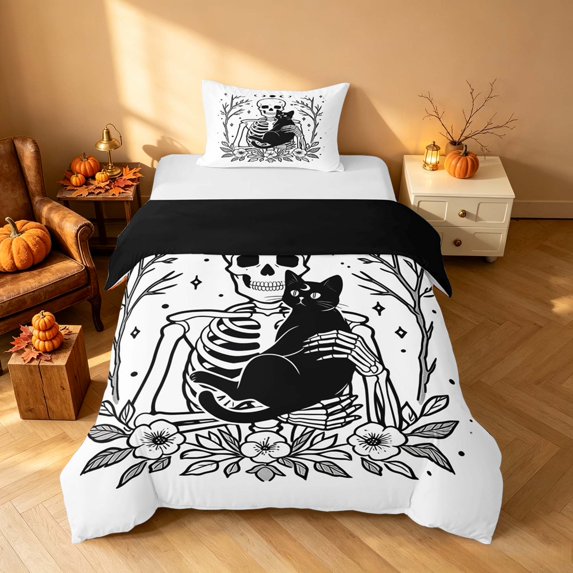Homewish Halloween Skeleton Twin Duvet Cover, Black Cat Twin Bedding, Black White Gray, Black Reversible 2pcs, 1 Duvet Cover and 1 Pillowcase