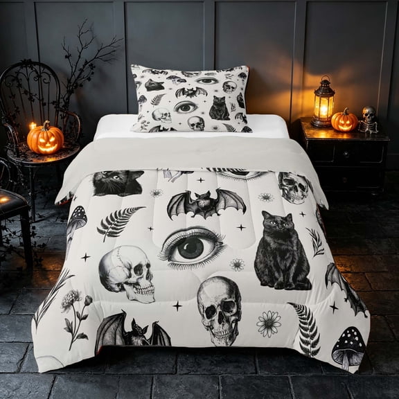 Homewish Halloween Skull Bat Cat Twin Comforter Sets, Mushroom Eye Floral Bedding Set, Black White, Gray Reversible, 2-Piece 1 Comforter and 1 Pillowcase