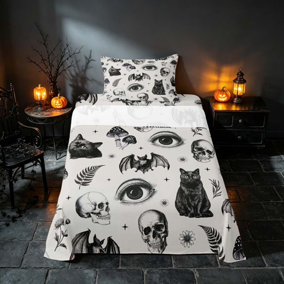 Homewish Halloween Skull Bat Cat Twin Sheets, Mushroom Eye Floral Bedding, Black White, 3-Piece (1 Flat Sheet, 1 Fitted Sheet and 1 Pillowcase)