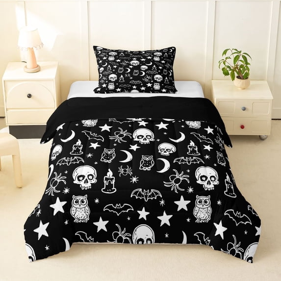 Homewish Halloween Skull Bats Twin Comforter Sets,Moon Stars Bedding Set,Black White,Black Reversible,2pcs,1 Comforter and 1 Pillowcase