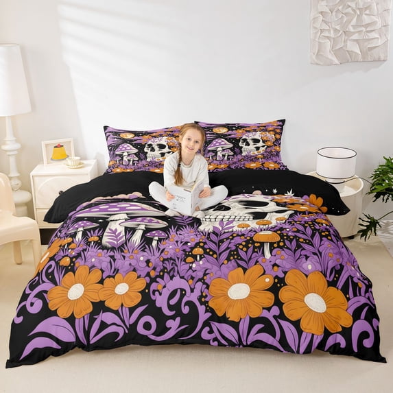 Homewish Halloween Skull Bedding,Mushrooms Flowers Duvet Cover Full,Purple Yellow,Black Reversible,3 Pieces,1 Duvet Cover and 2 Pillowcases