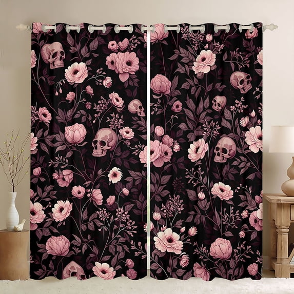 Homewish Halloween Skull Blackout Curtains,Grunge Romantic Flowers Curtains Pack of 2 (42x84 Each),Pink