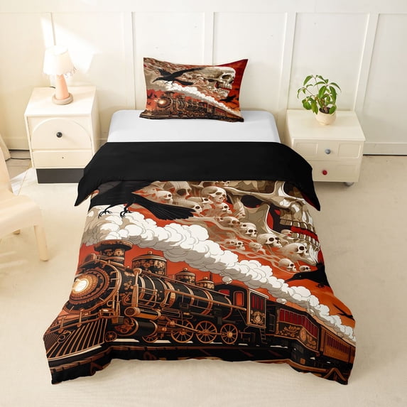 Homewish Halloween Skull Crows Twin Duvet Cover,Vintage Train Twin Bedding,White Orange,Black Reversible,2pcs,1 Duvet Cover and 1 Pillowcase