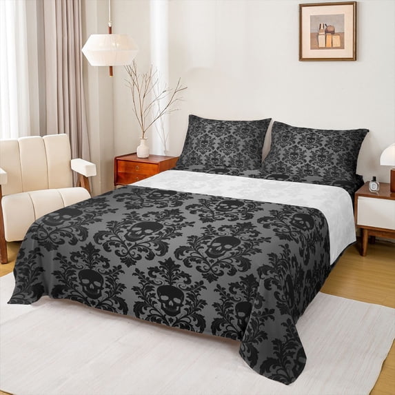 Homewish Halloween Skull Damask Bed Sheets,Halloween Themed Full Size Sheets,Black Gray,4 Pieces,1 Flat Sheet, 1 Fitted Sheet and 2 Pillowcases