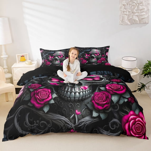 Homewish Halloween Skull Duvet Cover Queen For Adults Teens,Pink Rose Floral Butterfly Queen Bedding,Black Reversible,3-Piece,1 Duvet Cover and 2 Pillowcases