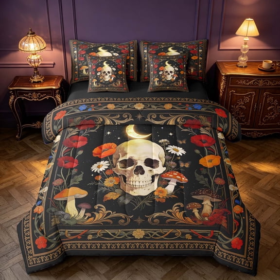 Homewish Halloween Skull Full Size Bedding Sets, Boho Floral Mushroom Full Size Bed in a Bag, Black Reversible 7 Pieces