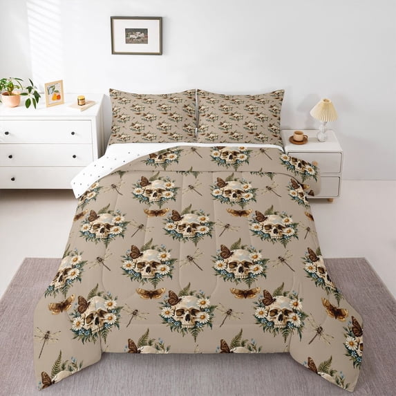 Homewish Halloween Skull Full Size Comforter Sets,Flowers Butterfly Dragonflies Bedding Comforter Set,Beige,Reversible,3 Pieces,1 Comforter and 2 Pillowcases