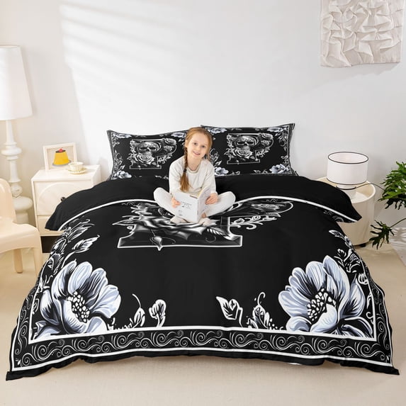 Homewish Halloween Skull Initial P Bedding,Romantic Flower Duvet Cover Full,Black Reversible,3-Piece,1 Duvet Cover and 2 Pillowcases