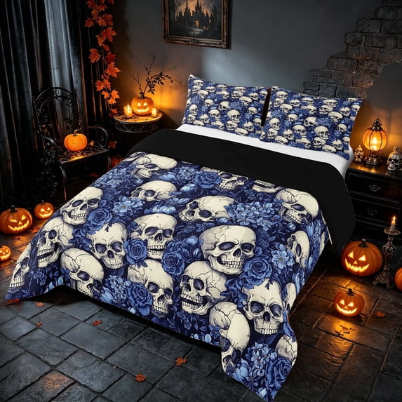 Homewish Halloween Skull Queen Comforter Set, Vintage Rose Comforter Sets Queen, Ivory Navy, Black Reversible, 3 Pieces 1 Comforter and 2 Pillowcases