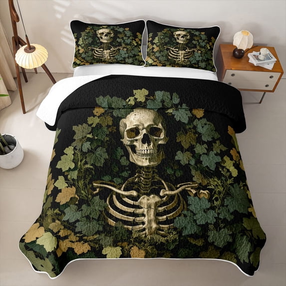 Homewish Halloween Skull Quilt King for Boys Girls, Autumn Grape Leaf Botanical Gothic King Coverlet Set, 3pcs