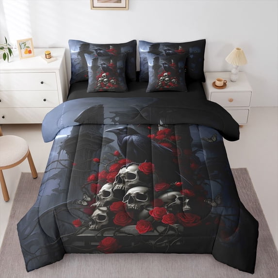 Homewish Halloween Skull Raven 7-Piece Twin Bedding,Red Rose Floral Bedding Comforter Set,Black Reversible