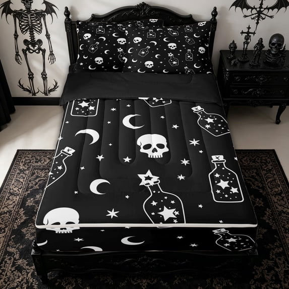 Homewish Halloween Skull Silhouette Zipper Twin Comforter Sets with Fitted Sheet and 2 Pillowcases for Kids, Black White Star Moon Zipper Bedding Set, Black Reversible, 4 Pieces