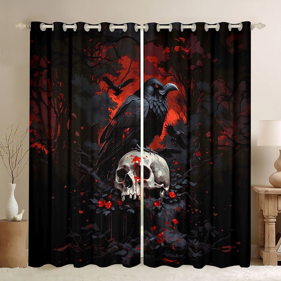 Homewish Halloween Skull Skeleton Blackout Curtains,Black Raven Curtains Pack of 2 (42x84 Each)