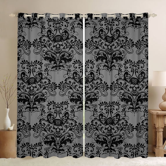 Homewish Halloween Skull Skeleton Kitchen Curtains,Bohemian Damask Black Out Curtains Pack of 2 (42x63 Each),Black Gray