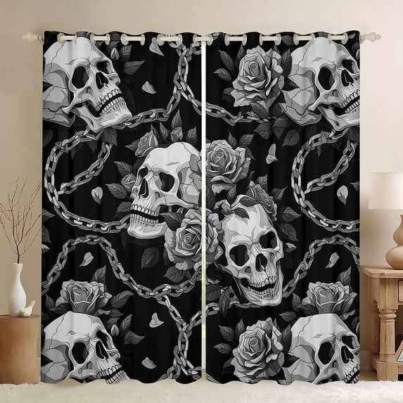 Homewish Halloween Skull Skeleton Kitchen Curtains,Retro Rose Floral Black Out Curtains Pack of 2 (42x63 Each),Gray