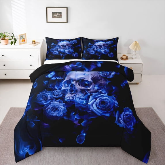 Homewish Halloween Skull Skeleton Queen Comforter Set,Goth Romantic Rose Comforter Sets Queen,Navy,Black Reversible,3-Piece,1 Comforter and 2 Pillowcases